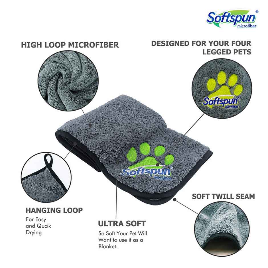 Softspun Microfiber Pet Towel (Small, 380 GSM, 40x60cm, 1pc, Grey)