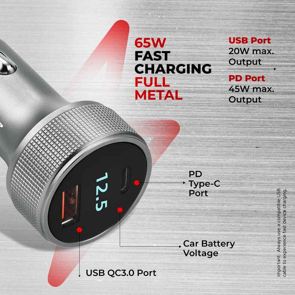 pTron Bullet Ultima 65W Car Charger | Super Fast Charging | Dual Outputs 45W Type-C PD & 20W USB - Grey