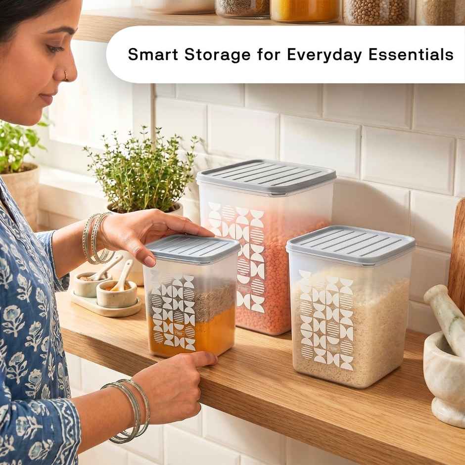 FLAIR Plastic Storewell Square Containers Set | Grey - 2 L , 3L & 4 L