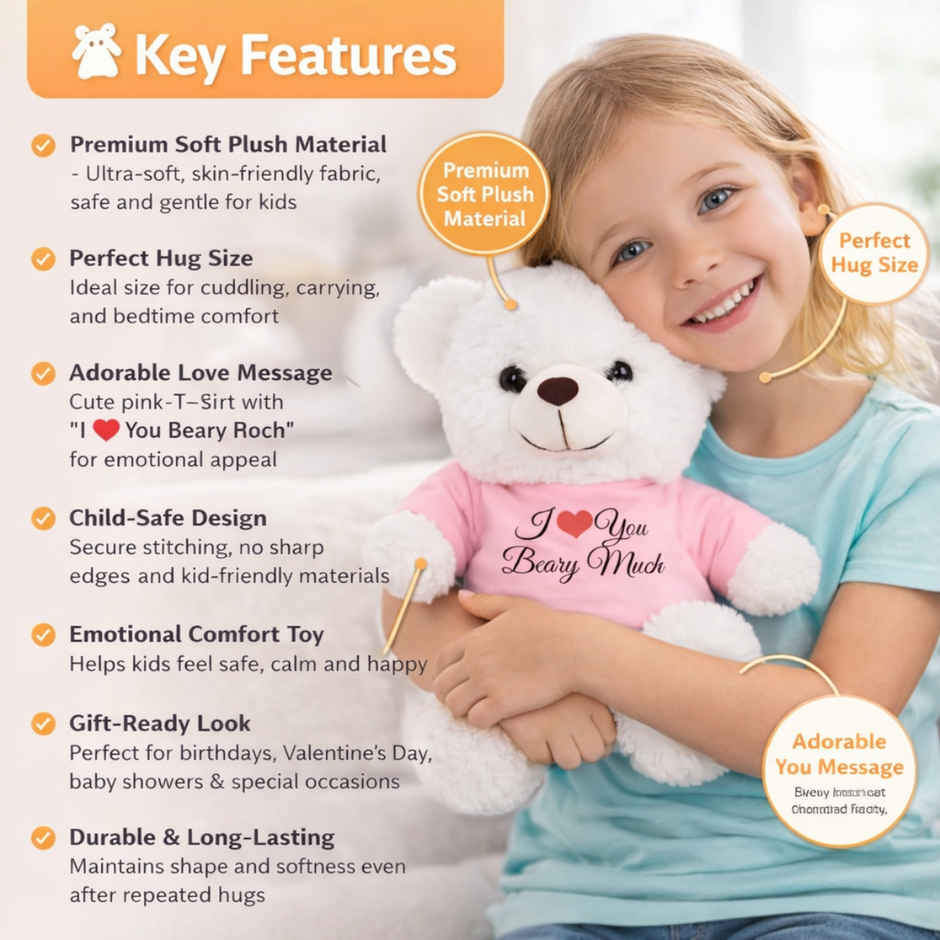 Fablue Soft Cuddly Teddy Bear Soft Toy for Kids | Ultra-Soft Plush Toy with Pink Shirt
