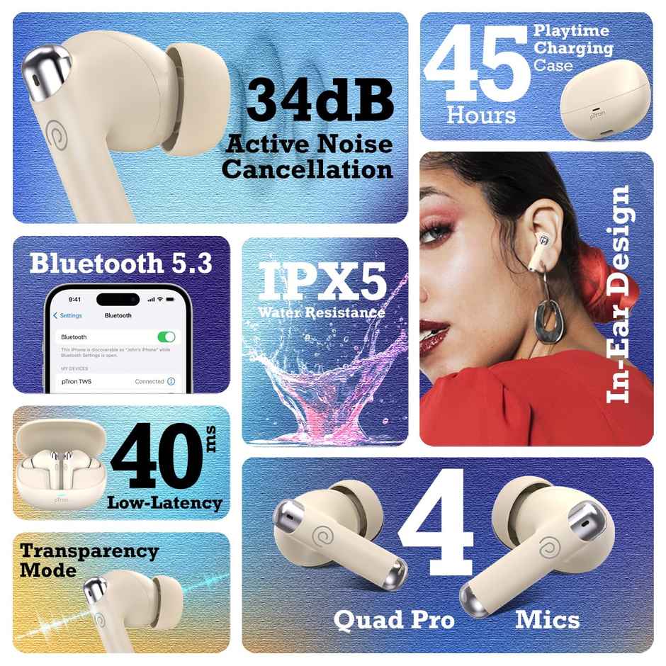 pTron Zenbuds Evo X5 34dB ANC TWS Earbuds | 4 Mic ENC Calls | 45H Playtime | 40ms Low-Latency | Pearl White