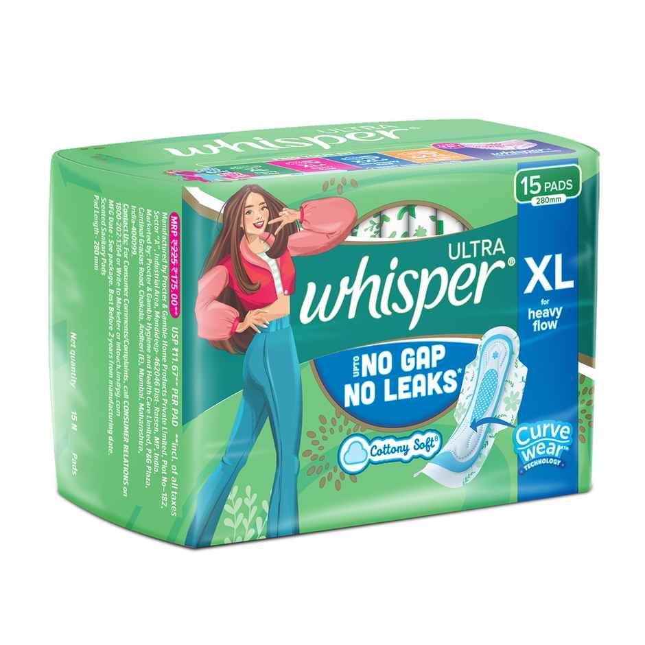 Whisper Ultra Upto No Gap No Leaks Sanitary Pads | XL | 15 pcs