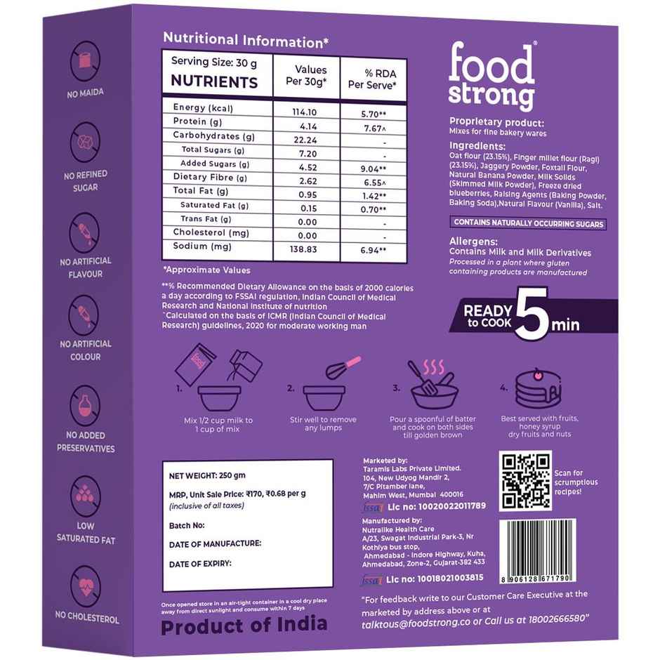 Foodstrong Oats And Millets Blueberry Pancake Mix | 250G