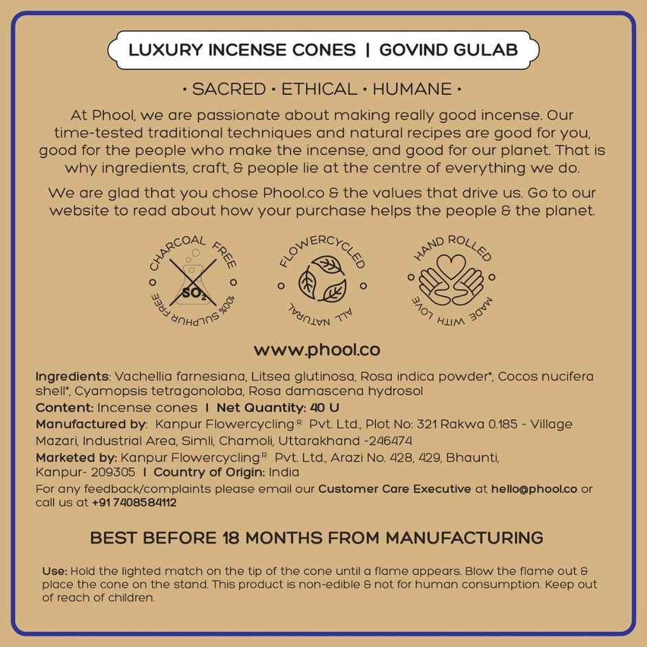 Phool Kedarnath Dhoop Cones Govind Gulab Fragrance Made From Temple Flowers - 40 Pcs