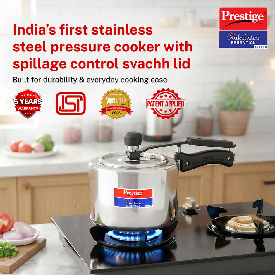 Prestige Nakshatra Essential Svachh SS Pressure Cooker 3L,Triply Base,Safety Plug,5Y Warranty,Silver