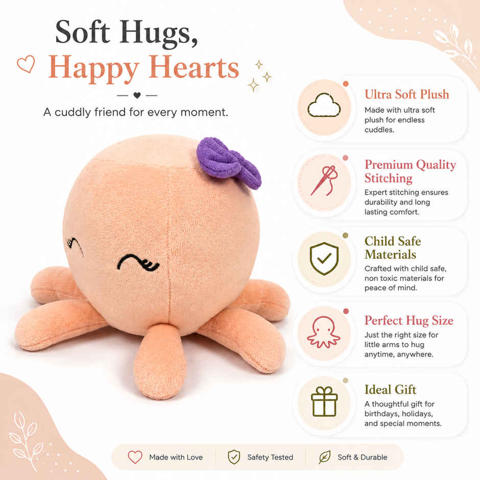 Zoowee Soft Octopus Soft Toy | 25 cm | Peach