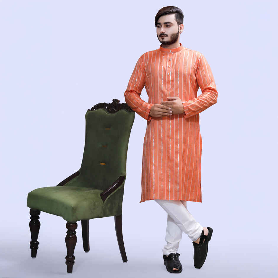 Tibra Collection Men Kurta - Orange | Solid | Thin Striped | Cotton Blend | M