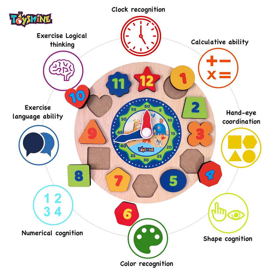 Toyshine Wooden Learning Clock - Educational Montessori Toy With Shapes & Colors