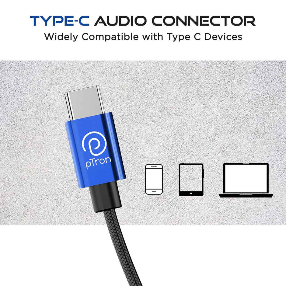pTron Boom Play Type-C Wired Earphones Stereo Sound In-Line Mic Metal Buds 1.2M Long - Blue