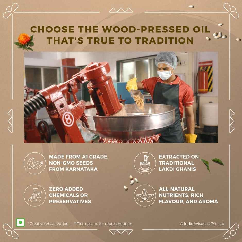 Indic Wisdom Wood Pressed Safflower Oil | Cold Pressed - Extracted on Wooden Churner Combo