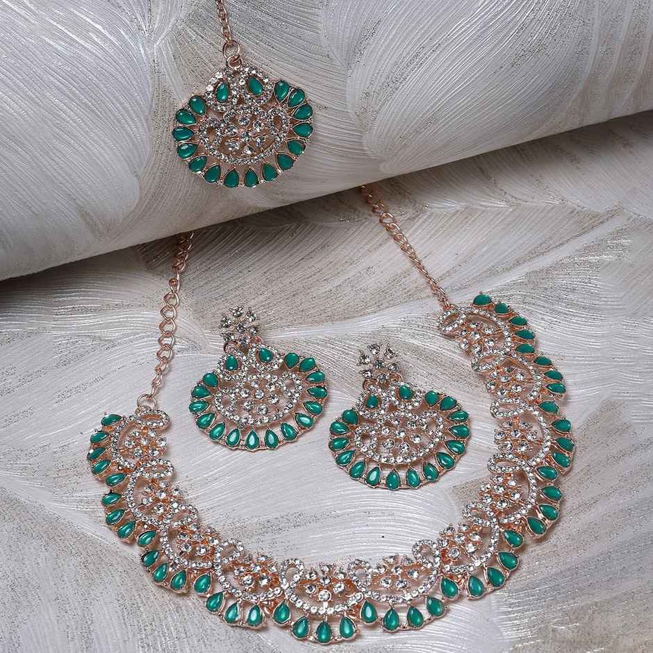Sukkhi Stunning Gold Plated Green Stone Studded Choker Necklace Set