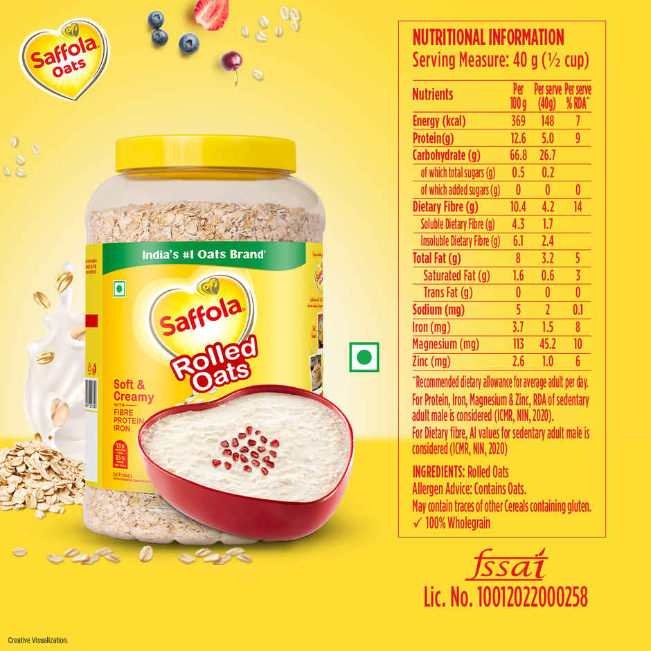 Saffola Rolled Oats | Soft & Creamy Oats | Power of Protein | Iron & Fibre | Nutritious Grain Jar