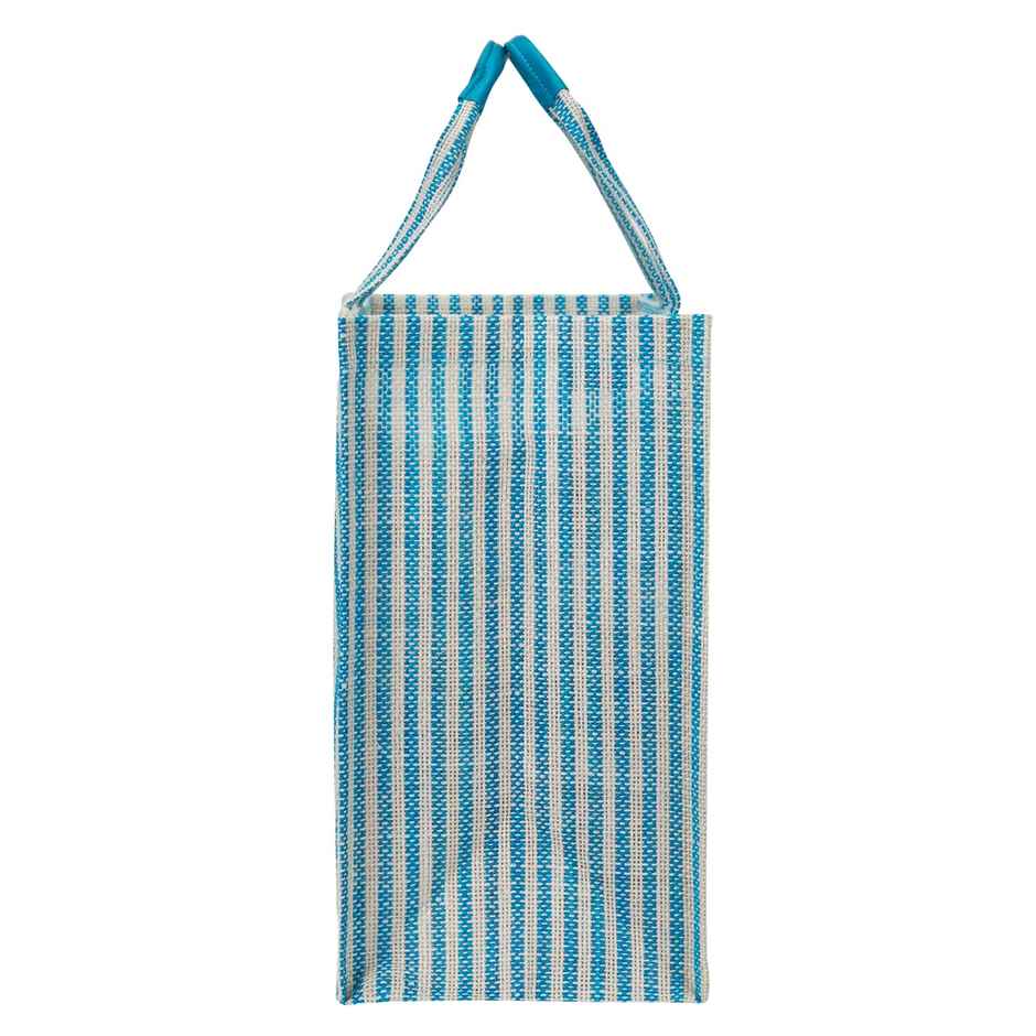 Jute Cottage Carry Bag - Stripe Fabric Zipper Shopping Bag | Eco-friendly | Blue | 14 x 18 x 9