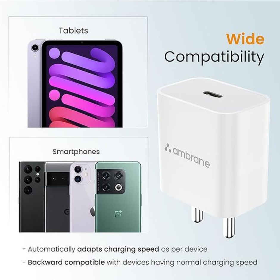 Ambrane (Raap M20) 20W Type C Mobile Charger Adapter, Fast Charging for Android, iPhone 14/13,13/12/11/X & Pro, Max Series & Other Type C Enabled Devices, PD Technology, BIS Certified - White