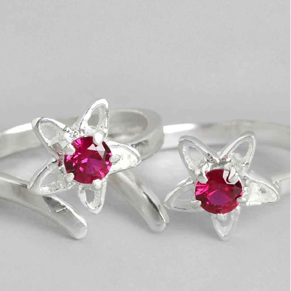 Unniyarcha 92.5 Silver Pink Stone Toe Ring