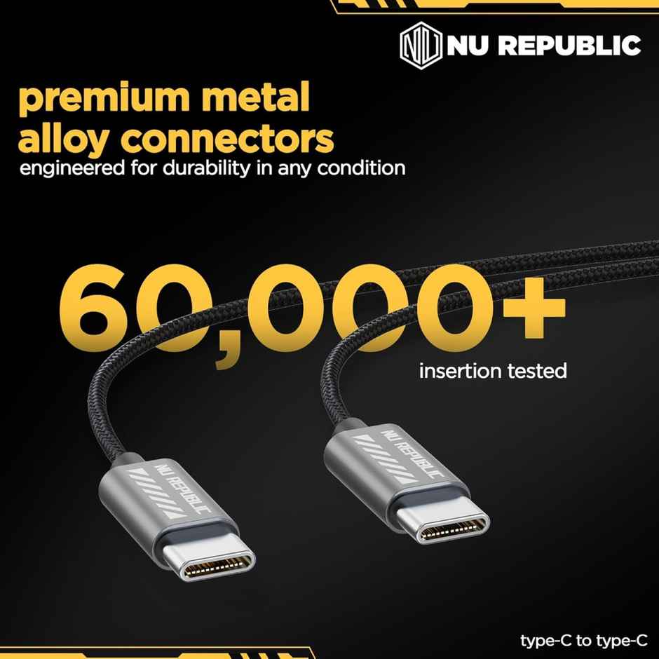 Nu Republic Blaze Flash 65W Type-C to Type-C Fast Charge Cable (Compatible with Mobile, Tablet, Laptop, One Cable),Type C 1.25 m - Grey