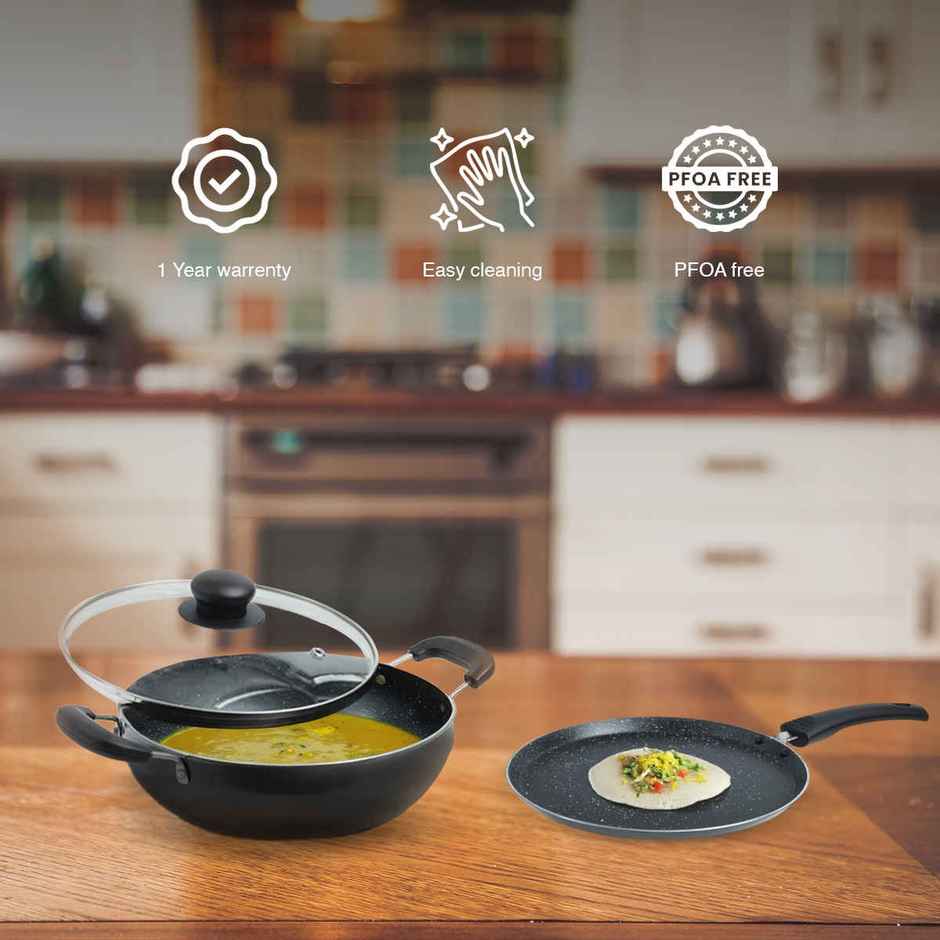 BAY6 Nonstick Cookware Set - (Dosa Tawa 26 cm + Kadai with Lid 22 cm) - Grey - (2pc)