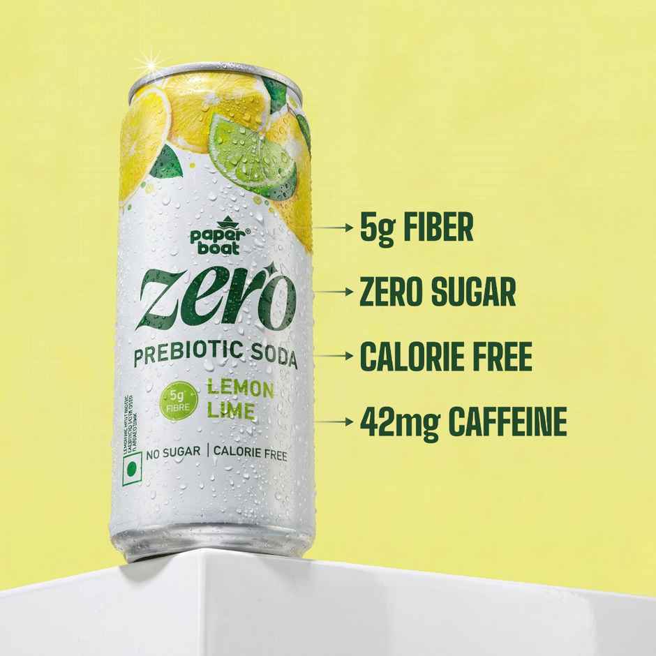Paper Boat Zero Prebiotic Soda Lemon Lime, 5g Fibre, Caffeinated Sugar Free Cold Drink