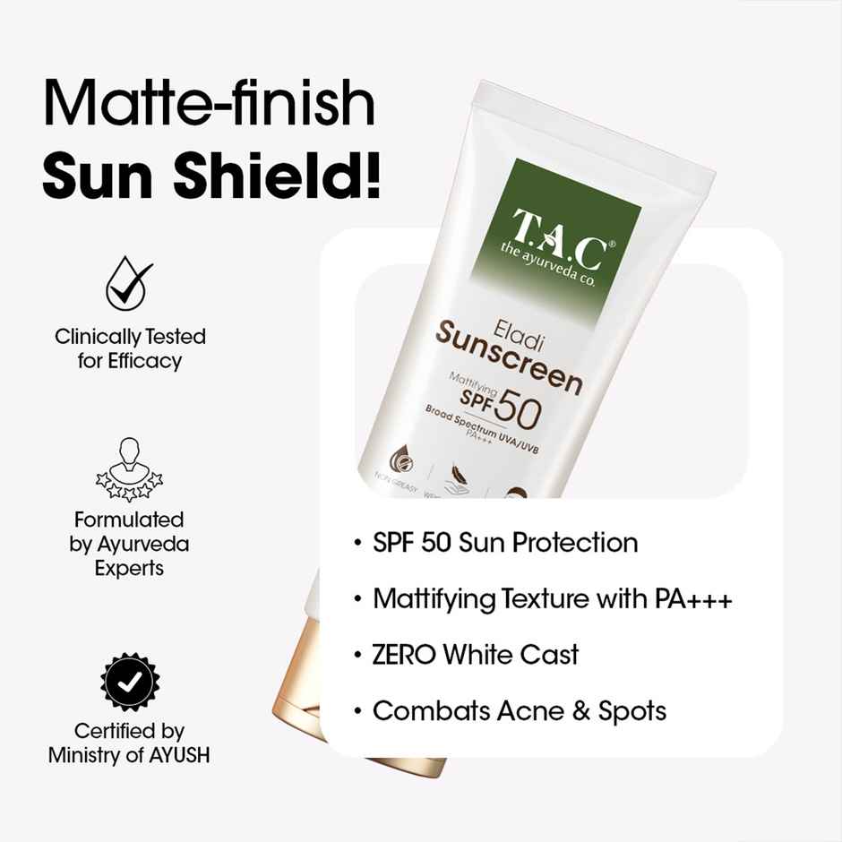 TAC Eladi Sunscreen SPF 50 PA+++ Mattifying, Invisible, No White Cast, Oily Skin