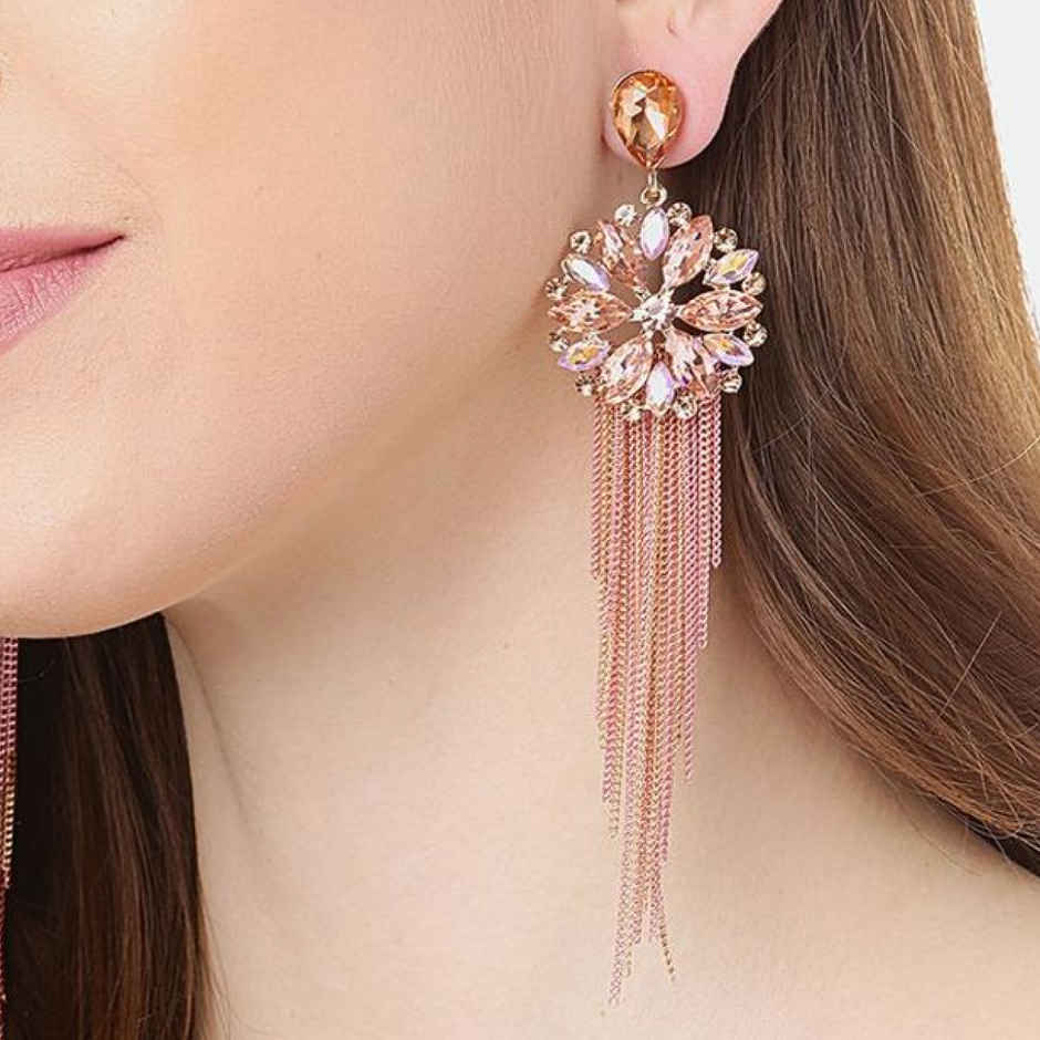 YouBella Jewellery Crystal Tassel Handmade Earrings For Girls And Women - Peach
