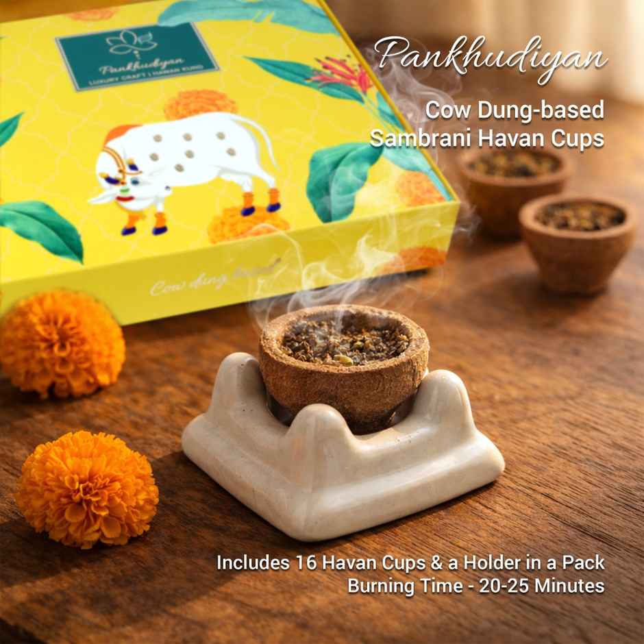 Pankhudiyan Natural Sambrani Havan Cups Cow Dung Based + Ceramic Holder