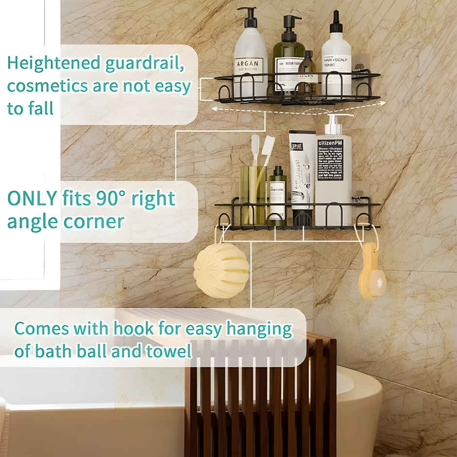 Zedak Self Adhesive Bathroom Corner Shelf  | Racks With Hooks | Metal | Black