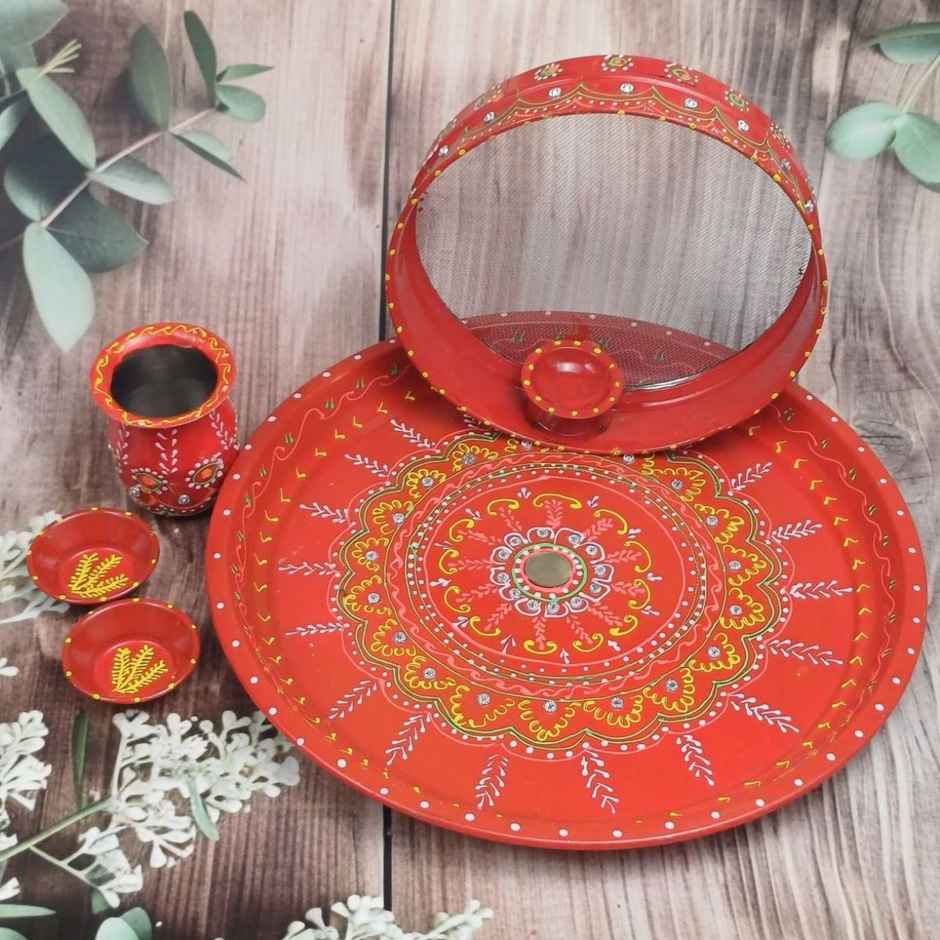 Pooja Thali Kalash Set Stainless Steel with Thali Lota and 2 Katori | 10 inch | Gullak