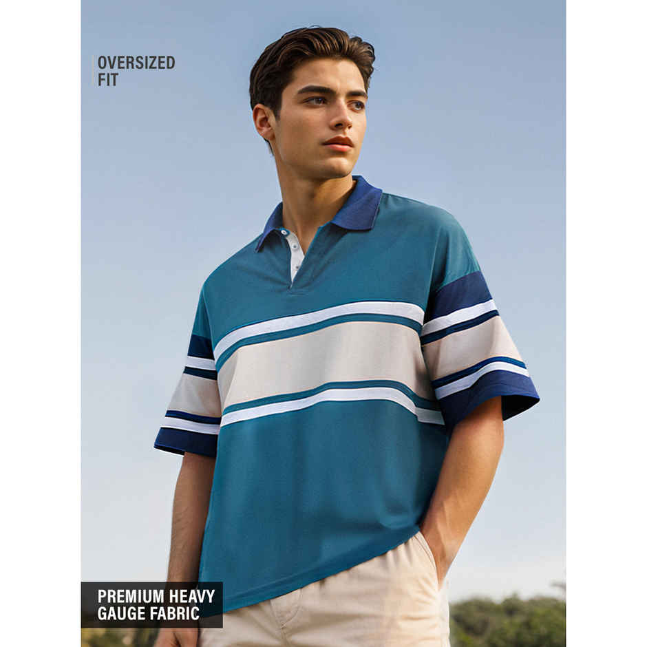 The Souled Store Men's Solids Colourblock Oversized Polo | Ocean Blue - M