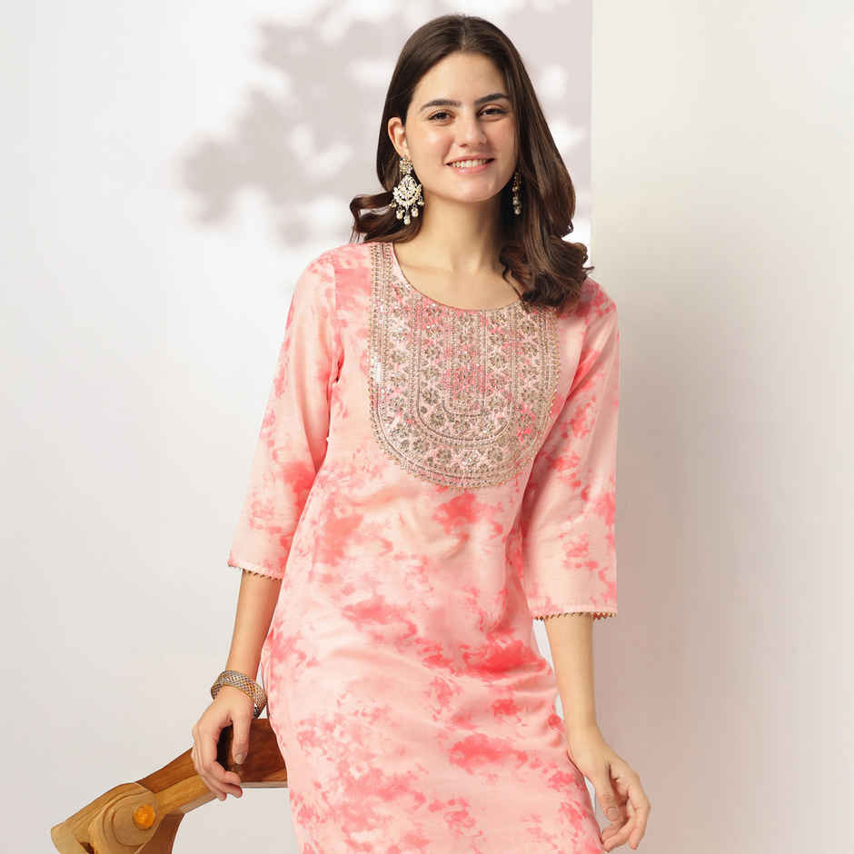 Janasya Women's Silk Blend Tie & Dye Yoke Embroidered Straight Kurta Pant Set | Peach - XL