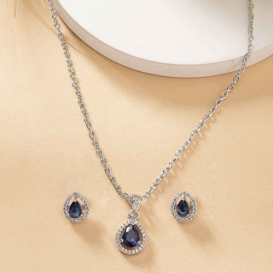 Zeneme Rhodium-Plated AD Studded Tear Drop Shaped Necklace and Earrings For Women & Girls