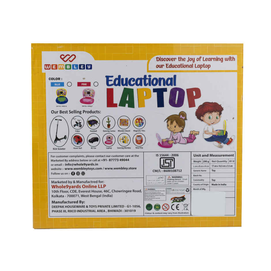 Wembley Computer Toy Baby Laptops For Kids 6 Yrs Educational Toy Sound And Music - Yellow & Blue