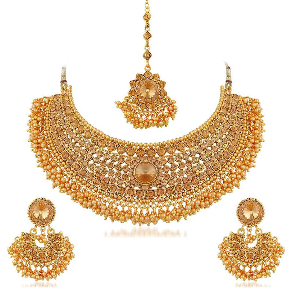 Sukkhi Traditional Pearl Gold Plated Lct Stone Choker Necklace Set For Women