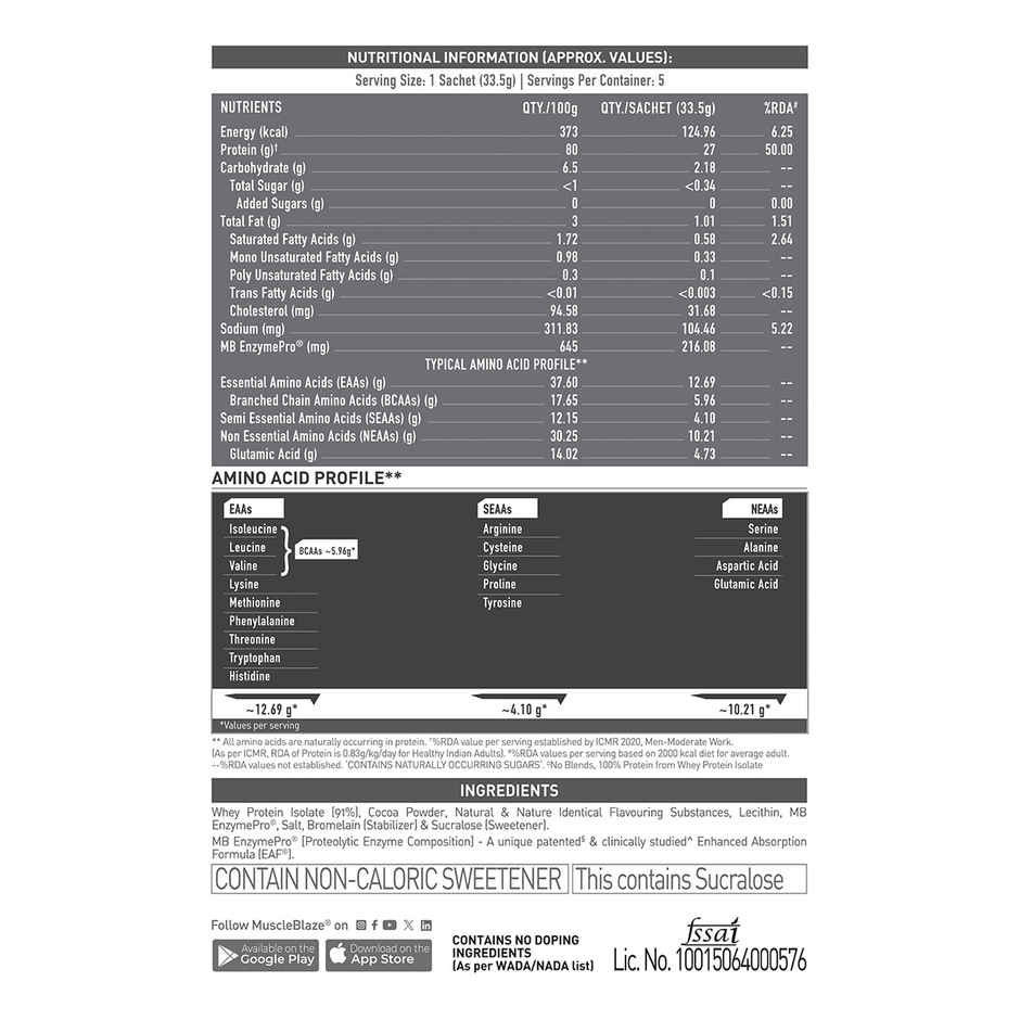 MuscleBlaze Biozyme Iso Zero Whey Protein Isolate Ice Cream Chocolate 5 Sachet Travel Pack