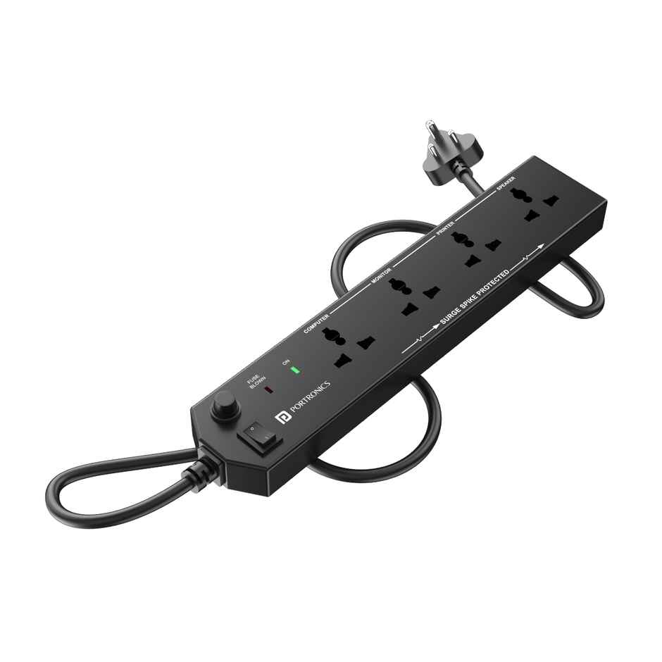 Portronics Power Plate 10 Extension Board with 4 Universal Sockets, 2 Meter Cord, 1500 Watts | Black