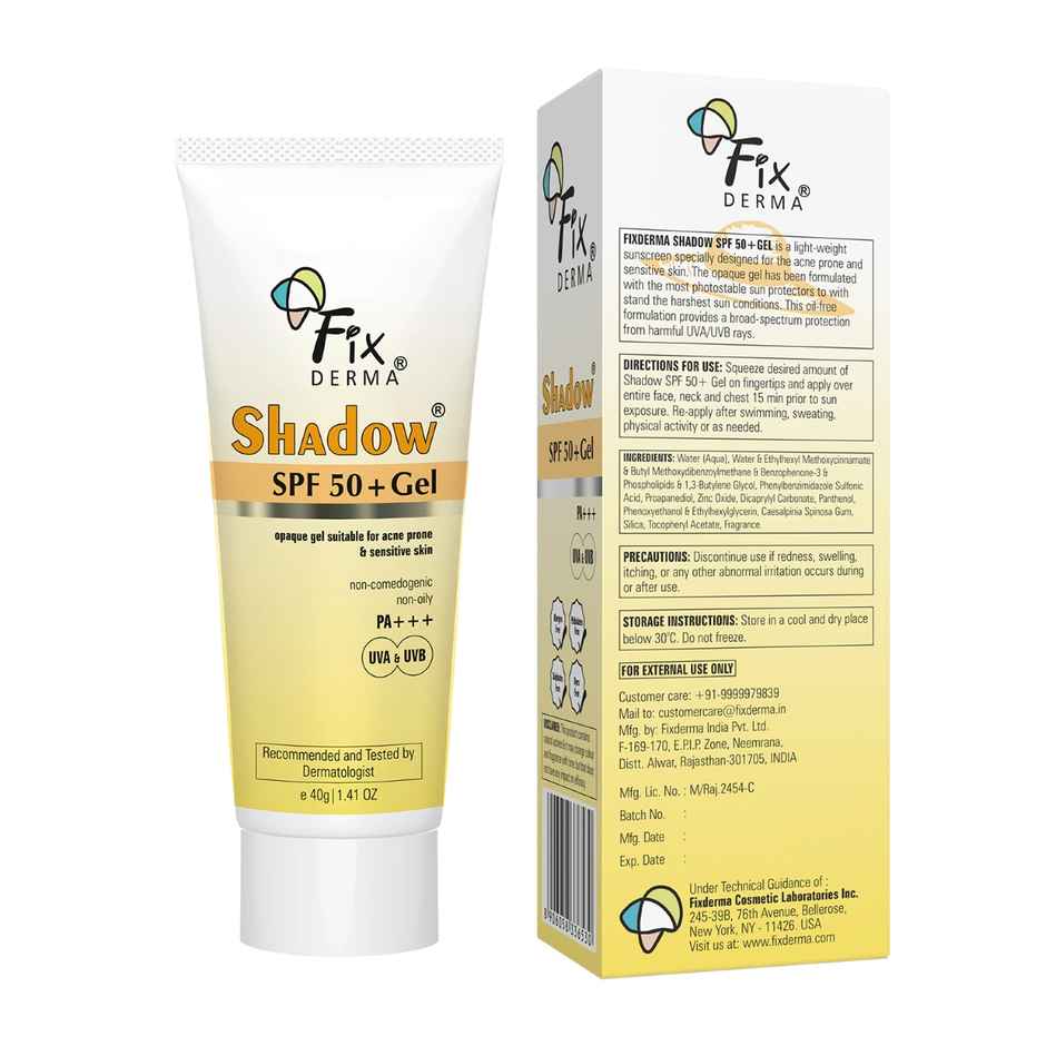 Fixderma Shadow Sunscreen Spf 50+ Pa+++ Gel, Lightweight & No White Cast For Oily Skin (40g) & Fixderma 4% Kojic Acid Brightening Lip Balm (15ml) Combo