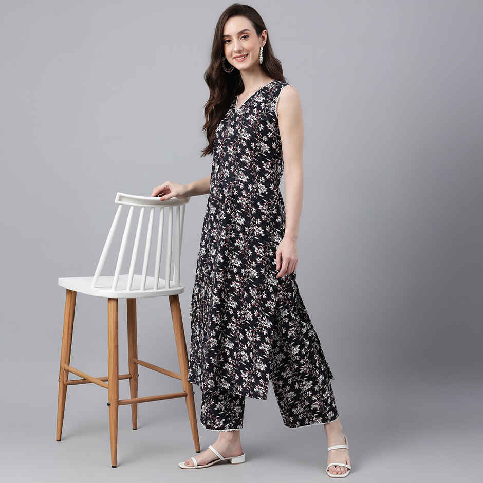 Janasya Women's Black Pure Cotton Floral Printed Kurta with Palazzo | XL