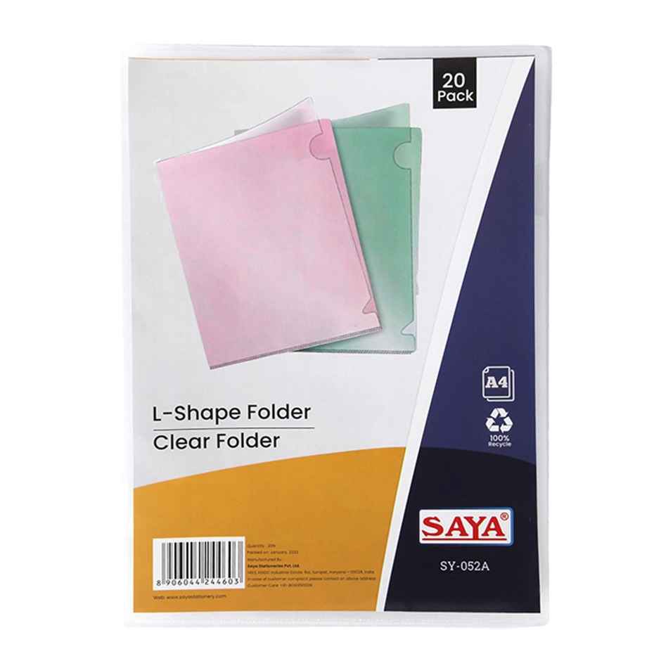 Saya L-Shape Folder File - 20 Units Pack, A4 Size, Durable 120 Micron Transparent Document Holder
