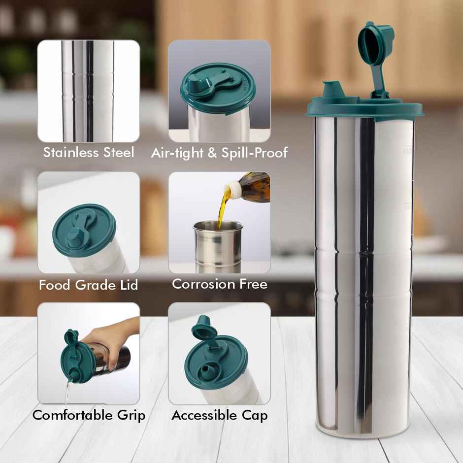 Signoraware Easy Flow Steel Oil Dispenser 1.1 Litre Food Grade Stainless Steel Fgreen