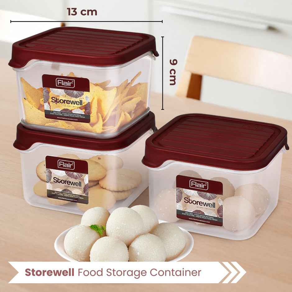 Flair Plastic Storewell Square Food Storage Containers 1150Ml - Set Of 3, (Maroon), Food Grade