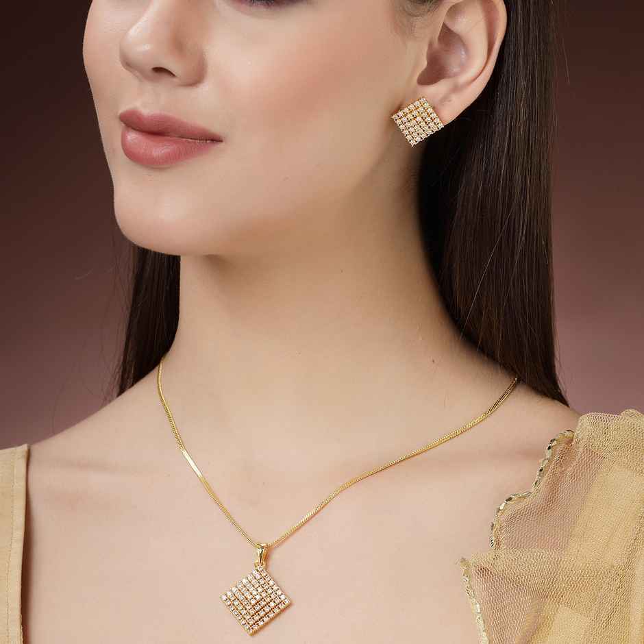 Zeneme Gold-Plated American Diamond Studded Square Shaped Necklace and Earrings For Women & Girls