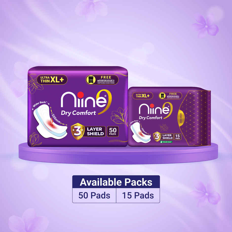 Niine Dry Comfort Ultra Thin XL+ Sanitary Pads| 320 mm and Wider Back | with Biodegradable Bags | 15 Pads 