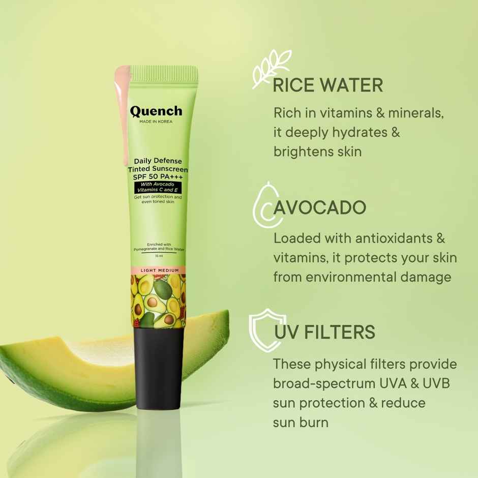 Quench Bravocado Daily Defense Tinted sunscreen SPF 50 PA+++ (Light Medium) 15ml