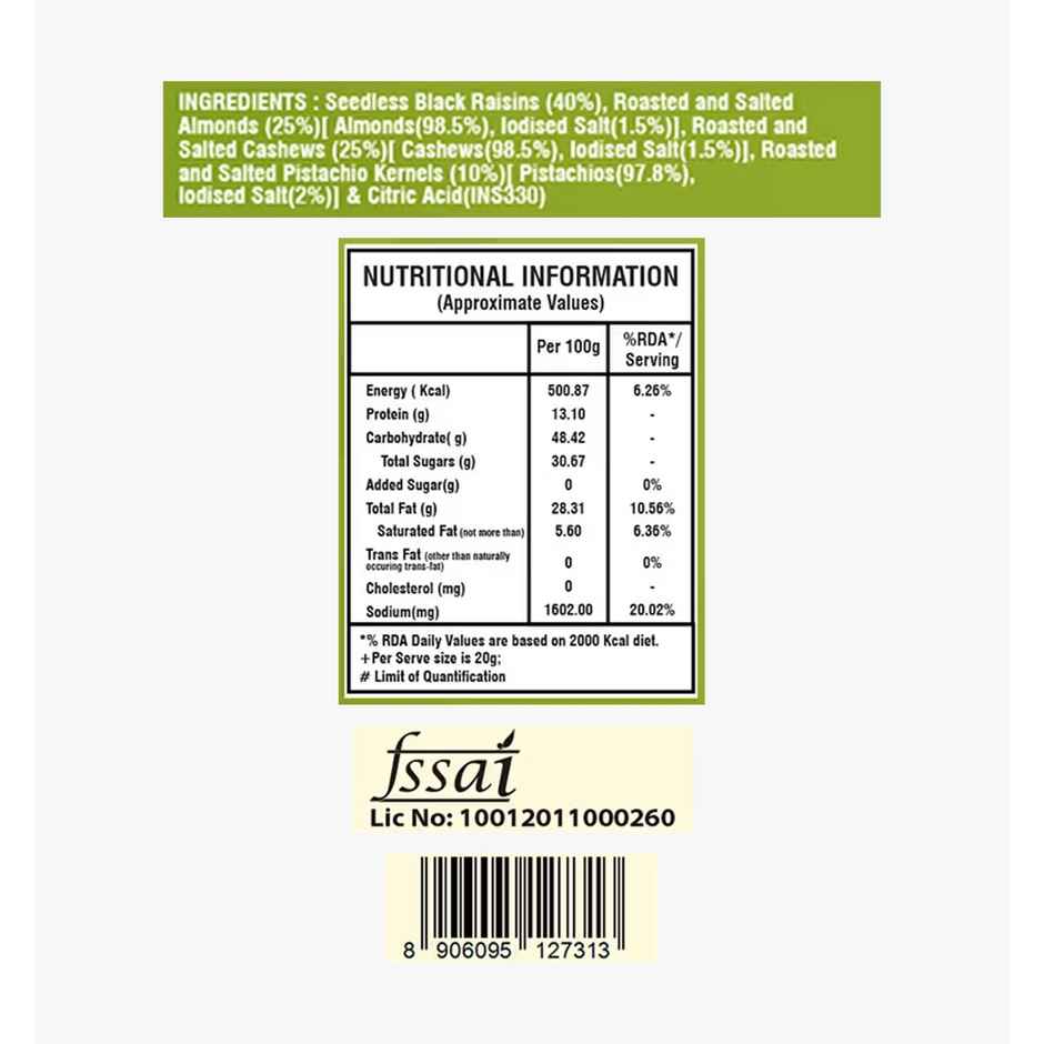 Wonderland Foods Trail Mix | Roasted & Salted Almonds, Pistachio Kernels & Seedless Black Raisins