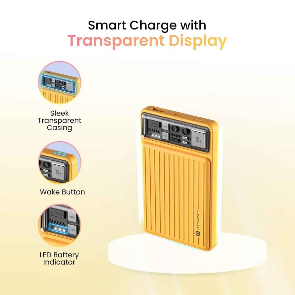 Portronics Luxcell Mini 10K Advanced 10000 mAh Smallest Power Bank with 22.5W Max Output,LED Indicator,Mach USB-A Output,Type C PD Output,Type C Input,Wake Up Button(Yellow)