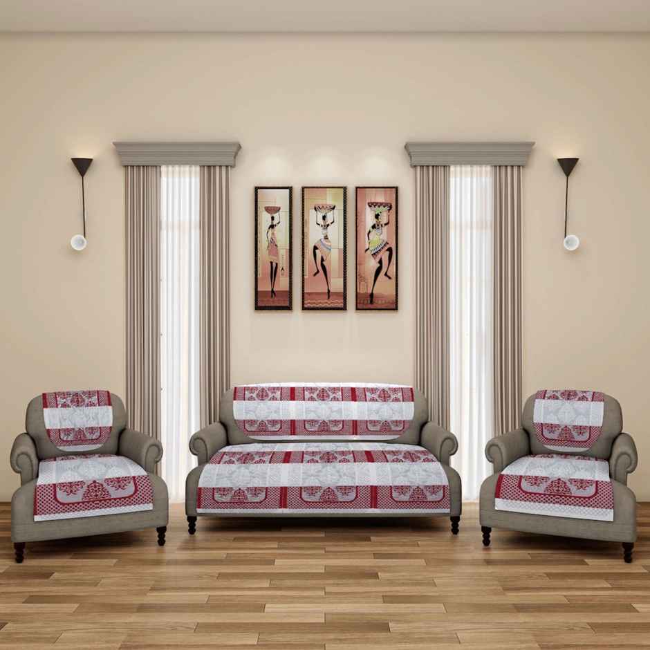 Romee Maroon & Beige Damask Printed 5-Seater Net Sofa Cover