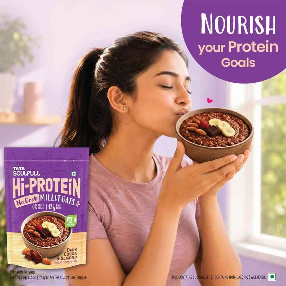 Tata Soulfull No Cook Millet Hi Protein Oats Dark Cocoa & Almond, 25g Plant Protein, High Fibre