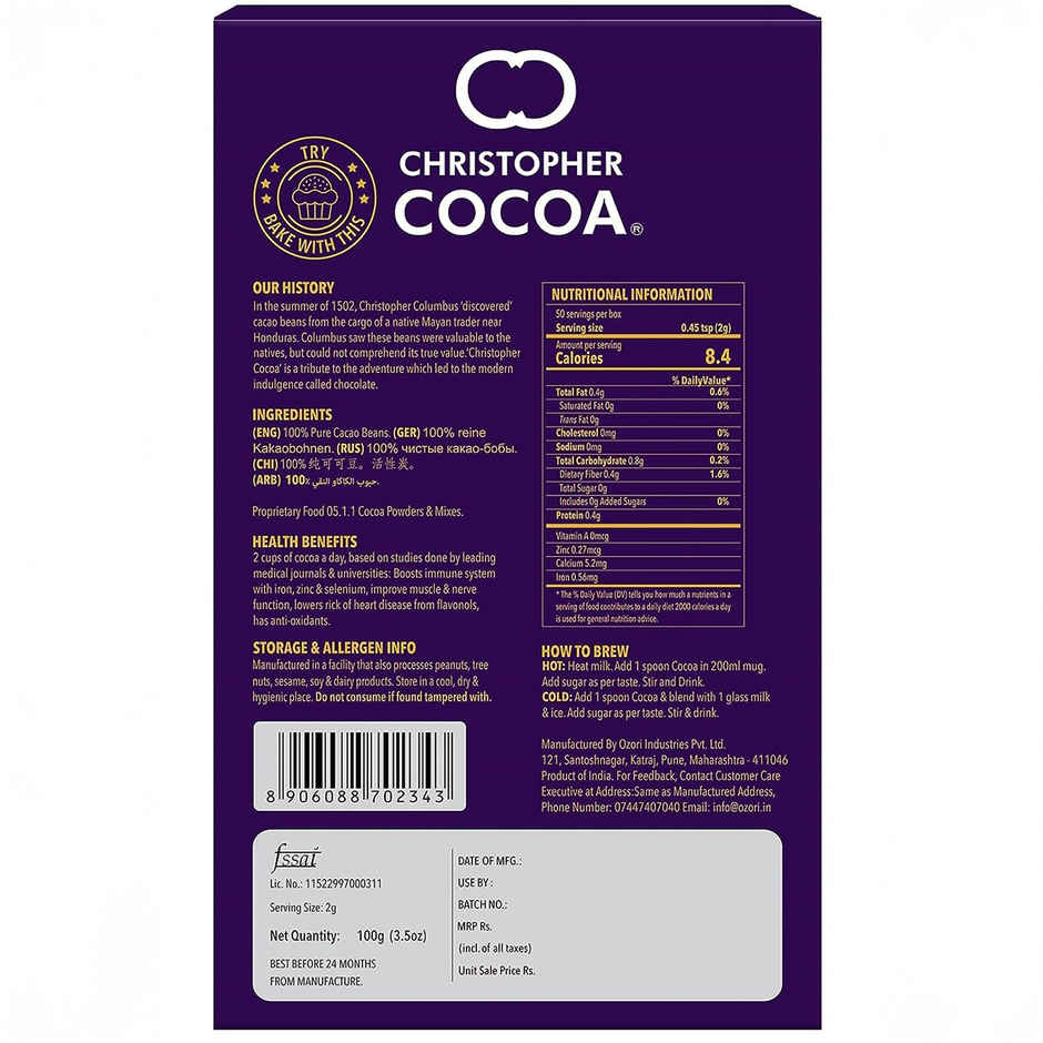 Christopher Cocoa Drinking Cocoa Powder | No Sugar | Hot Beverage