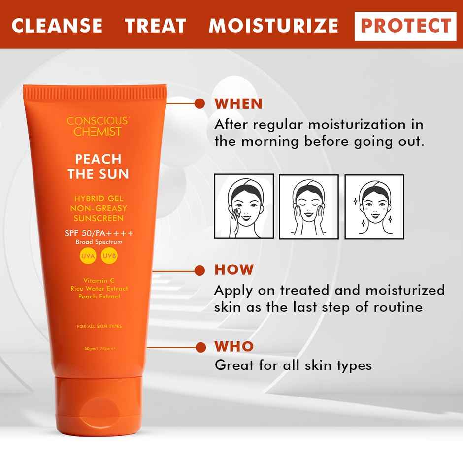 Conscious Chemist Peach The Sun Hybrid Lightweight Gel Sunscreen SPF 50 PA++++ With Vitamin C