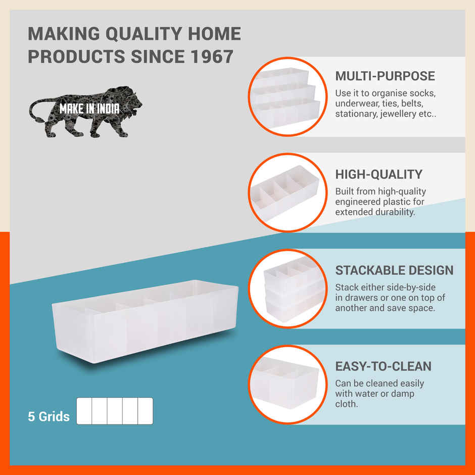 Bathla Set of 8 Drawer Organiser - Multi-purpose, Stackable, 5 Grids - DORI | Frost