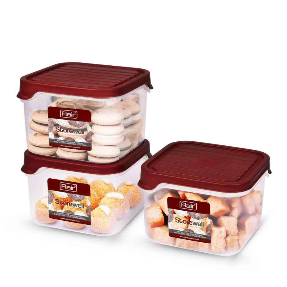 Flair Plastic Storewell Square Food Storage Containers 1150Ml - Set Of 3, (Maroon), Food Grade